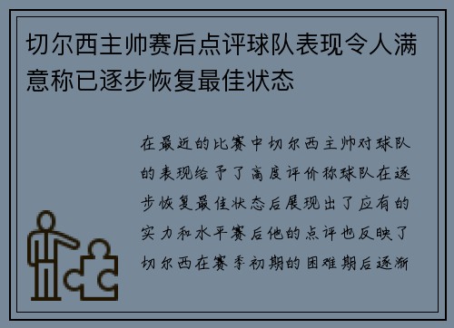切尔西主帅赛后点评球队表现令人满意称已逐步恢复最佳状态