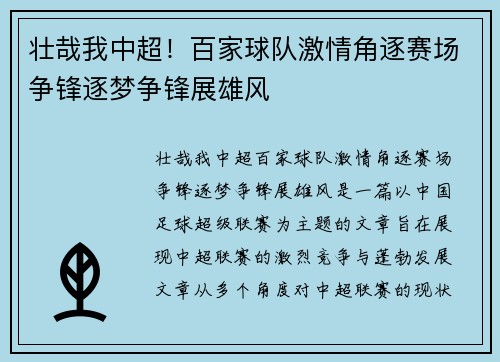 壮哉我中超！百家球队激情角逐赛场争锋逐梦争锋展雄风