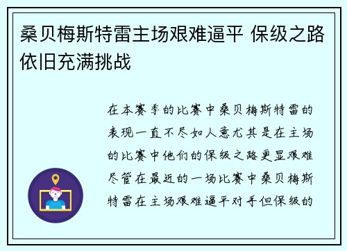 桑贝梅斯特雷主场艰难逼平 保级之路依旧充满挑战