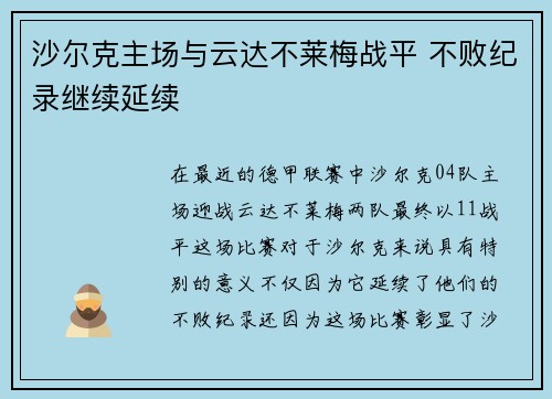 沙尔克主场与云达不莱梅战平 不败纪录继续延续