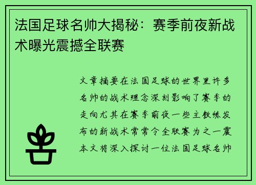 法国足球名帅大揭秘：赛季前夜新战术曝光震撼全联赛