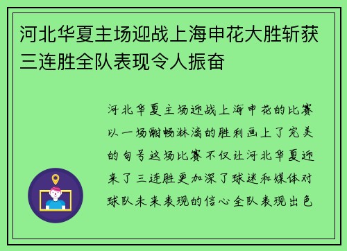 河北华夏主场迎战上海申花大胜斩获三连胜全队表现令人振奋