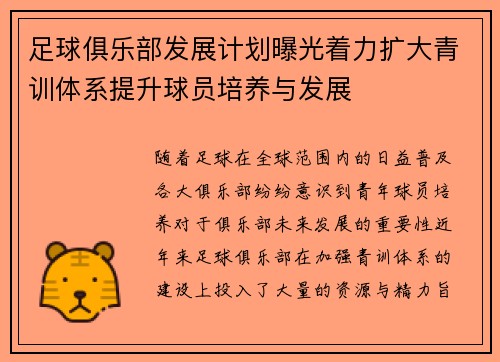 足球俱乐部发展计划曝光着力扩大青训体系提升球员培养与发展