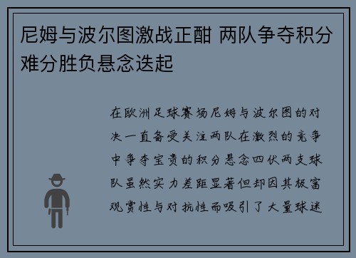 尼姆与波尔图激战正酣 两队争夺积分难分胜负悬念迭起