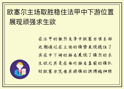 欧塞尔主场取胜稳住法甲中下游位置 展现顽强求生欲
