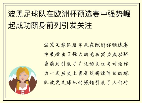 波黑足球队在欧洲杯预选赛中强势崛起成功跻身前列引发关注 波黑足球队在欧洲杯预选赛中强势崛起成功跻身前列引发关注