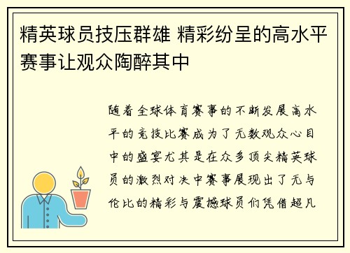 精英球员技压群雄 精彩纷呈的高水平赛事让观众陶醉其中