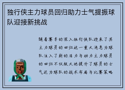 独行侠主力球员回归助力士气提振球队迎接新挑战
