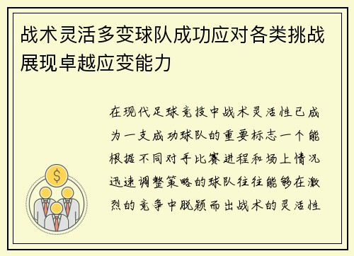 战术灵活多变球队成功应对各类挑战展现卓越应变能力